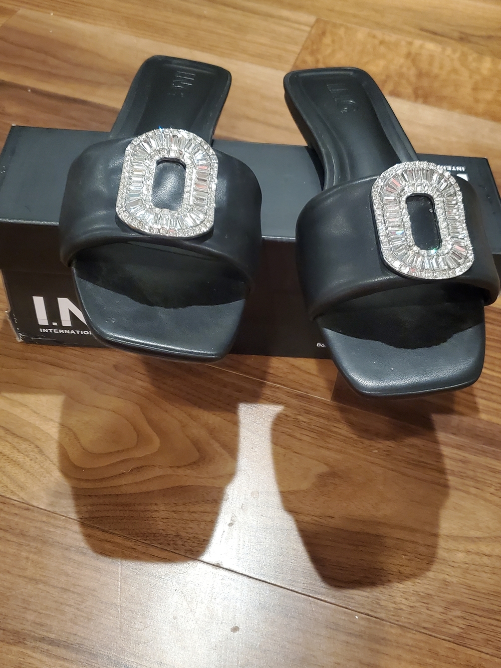 INC International Concepts Black Slide Mules with Crystal Oval Buckle